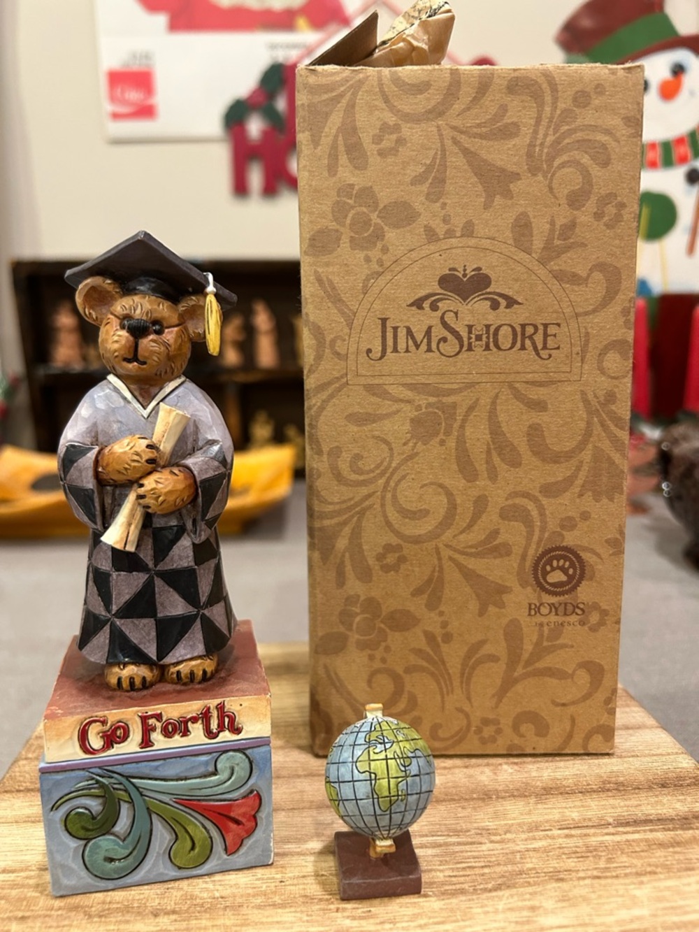 Jim Shore Graduation Bear Figurine in Black & Gray with Globe